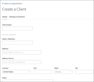 The Create New Client page with the fields listed below